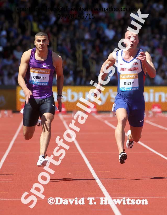 Adam Gemili (GB) and Richard Kilty (GB)  mens 100 metres heats, IAAF Diamond League, Birmingham. Photo: David T. Hewitson/Sports for All Pics